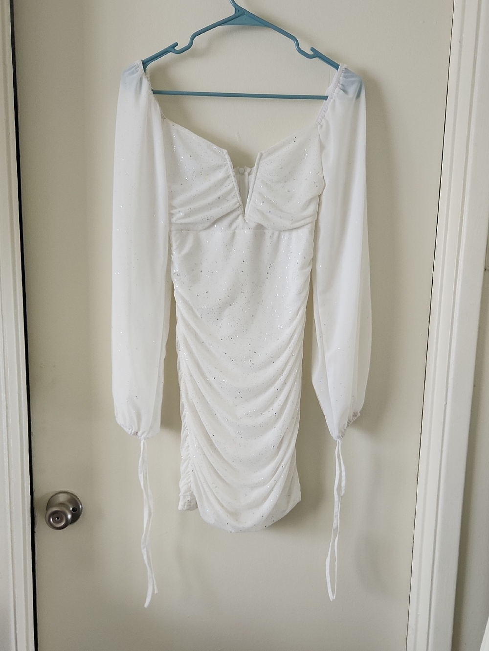 White Ruched Long-Sleeve Mini Dress with Sparkle